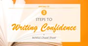 Blank notepad on orange with text overlay – 3 steps to writing confidence + bonus cheat sheet