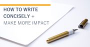 Gold pen on blank paper with text overlay - how to write concisely and make more impact