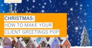 Snowy Christmas scene with orange and white text overlay – 5 unique greetings – Christmas: how to make your client greetings pop